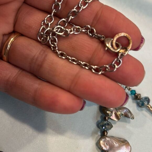 #2 Faux abalone, on a 24”  silver tone chain, with aqua faceted beads. - Picture 5 of 5